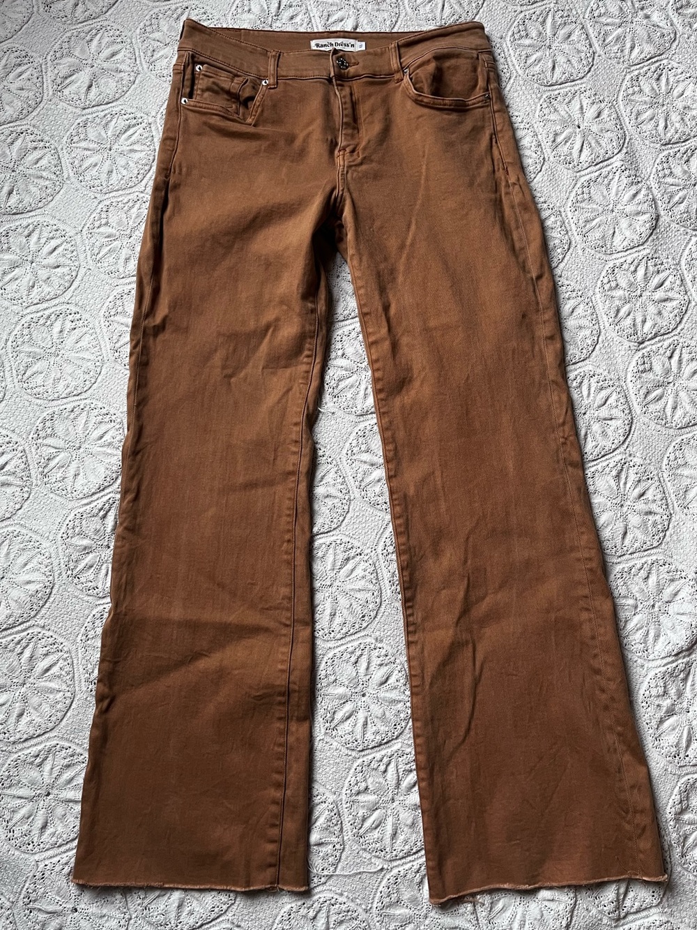 Ranch Dress’N pants brown jeans denim bootcut wide XL raw hem stretch western